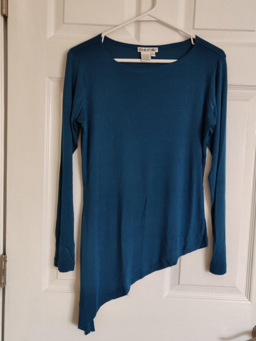 Wintersilks teal blue asymmetrical hem top